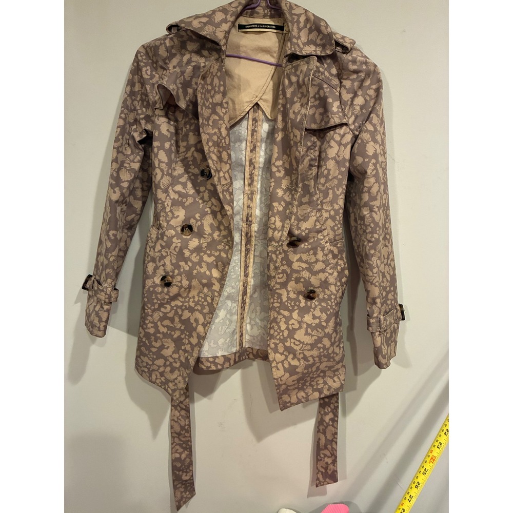 Daughters of the Liberation Abstract Print Trench Coat Tan Brown Belted Size 0
